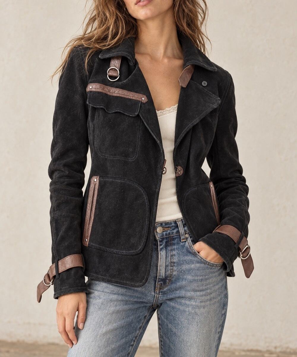 We The Free Black Suede Leather Moto Utility Jacket Brown Trim XS